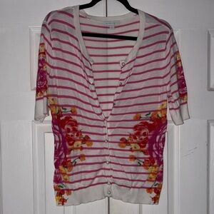 New York & Company Pink Striped Floral Cardigan